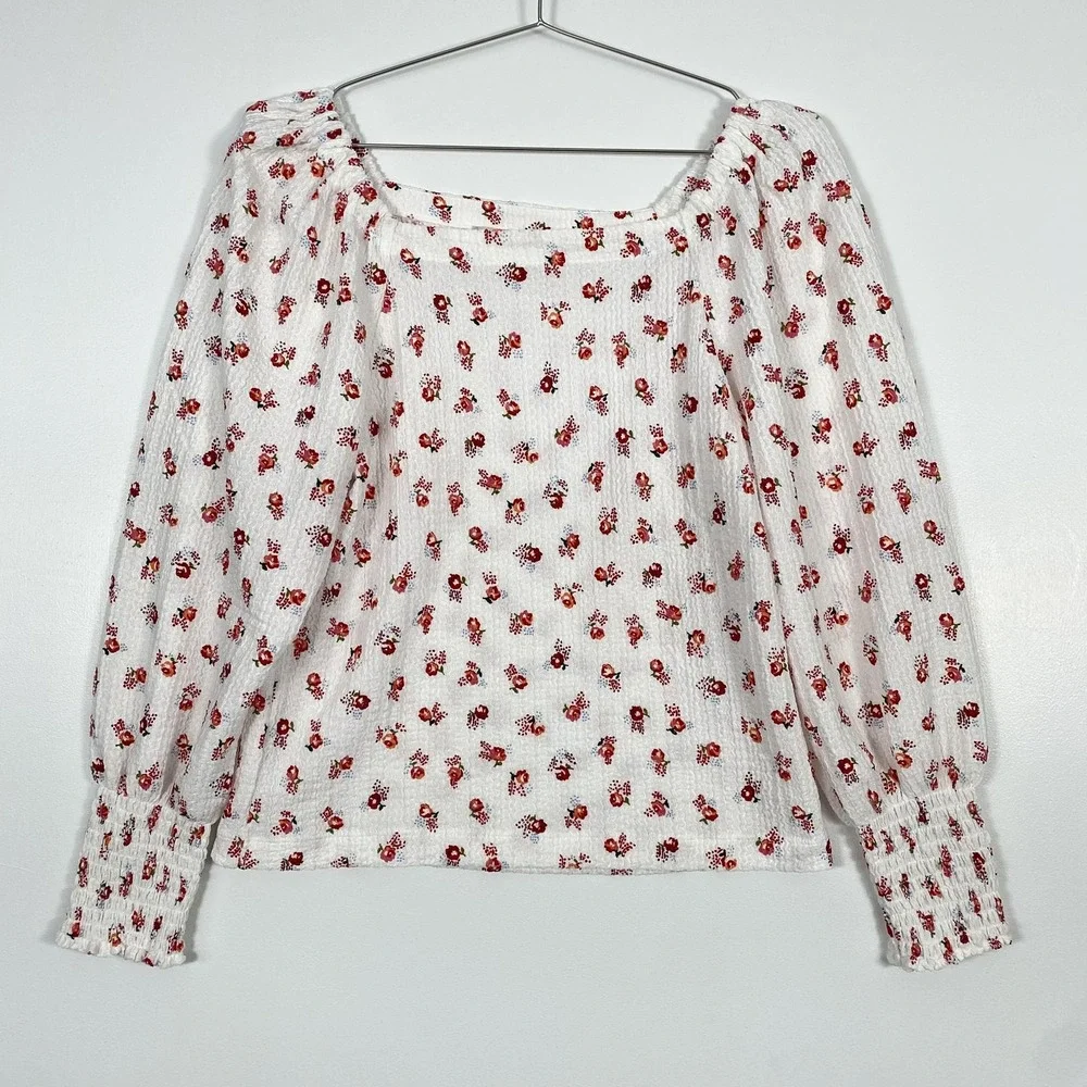 LOFT Shirt Womens Medium White Floral Smocked Square Neck Puff Sleeve Top Cottag
